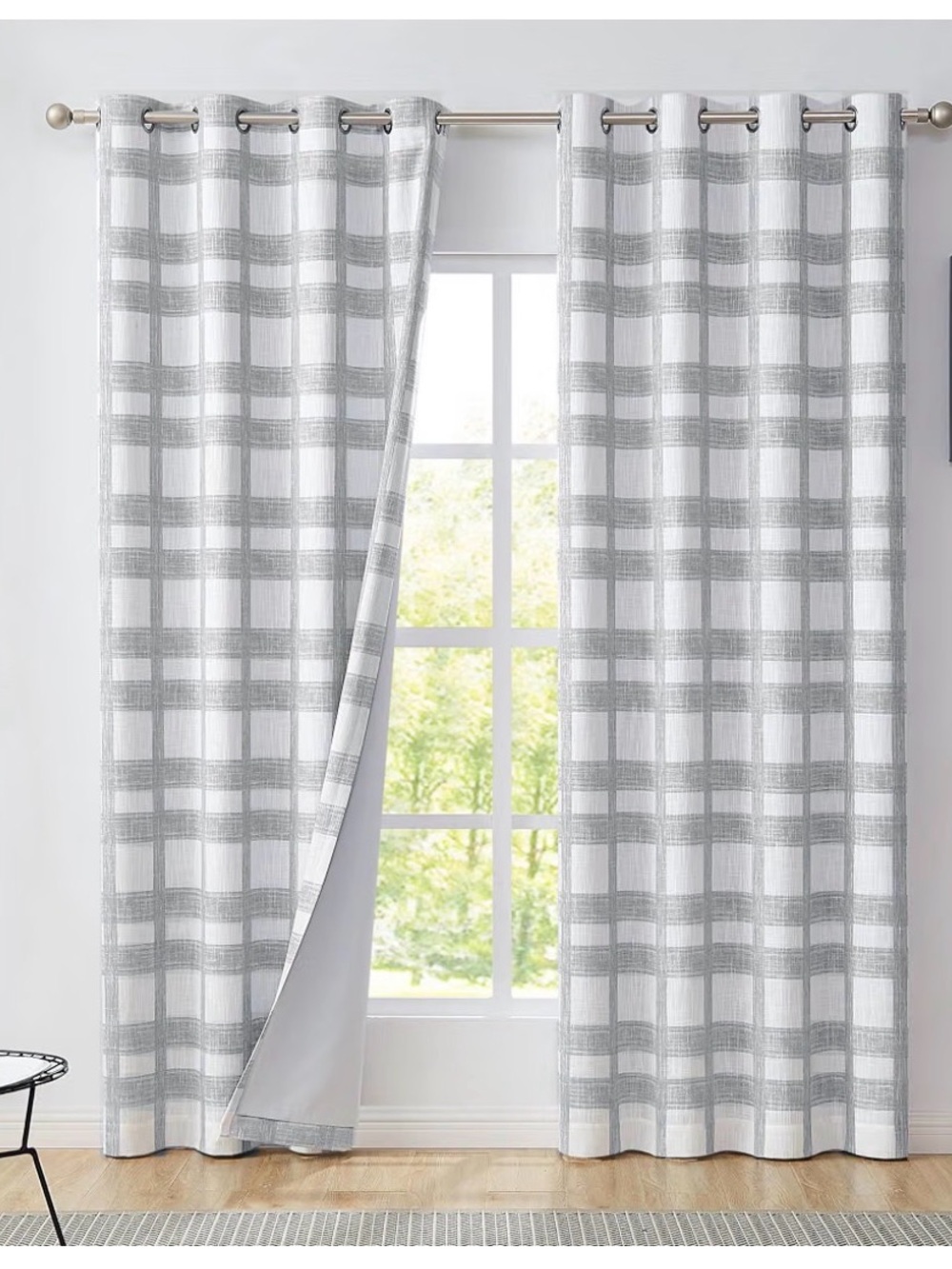White Light Grey Plaid Blackout Window Curtain Panel 50"x84"x2 (023)